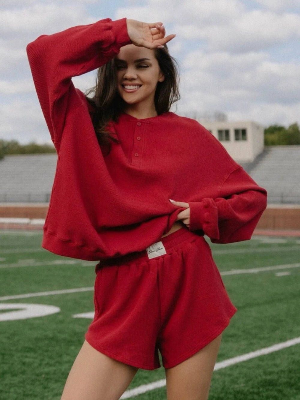Large Eleven Eleven Vintage Red Waffle Henley & Shorts Set